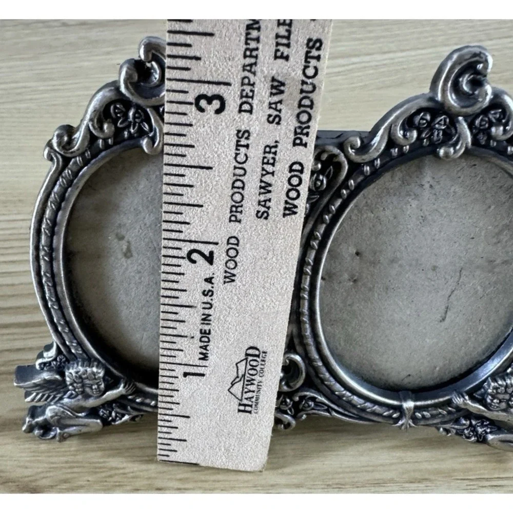 Vintage Burnes of Boston Pewter Double Oval Picture Frame Cherub Angel Ornate
